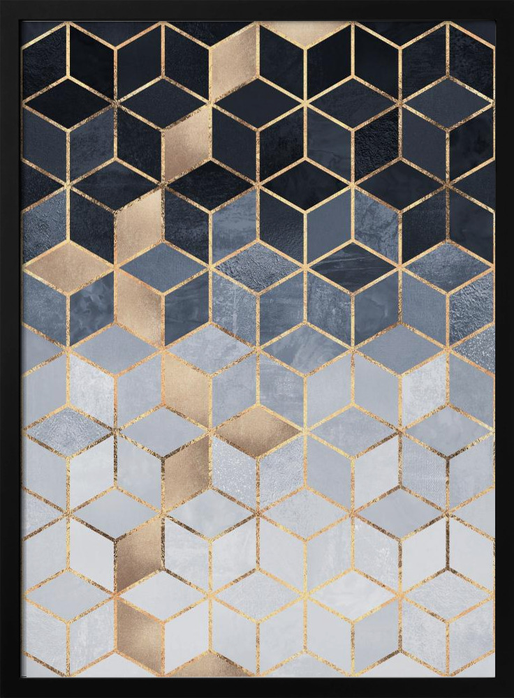 Poster - Soft Blue Gradient Cubes posterframe van donker hout
