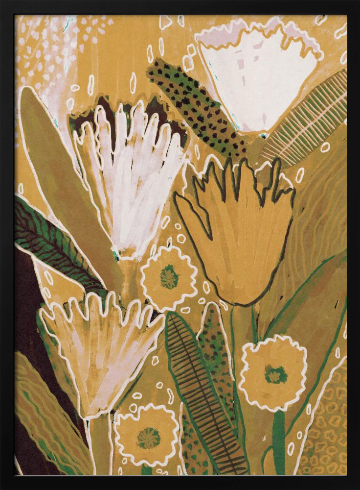 Poster Magic Wildflowers / Yellow & Green - Affisch posterram i mörkt trä