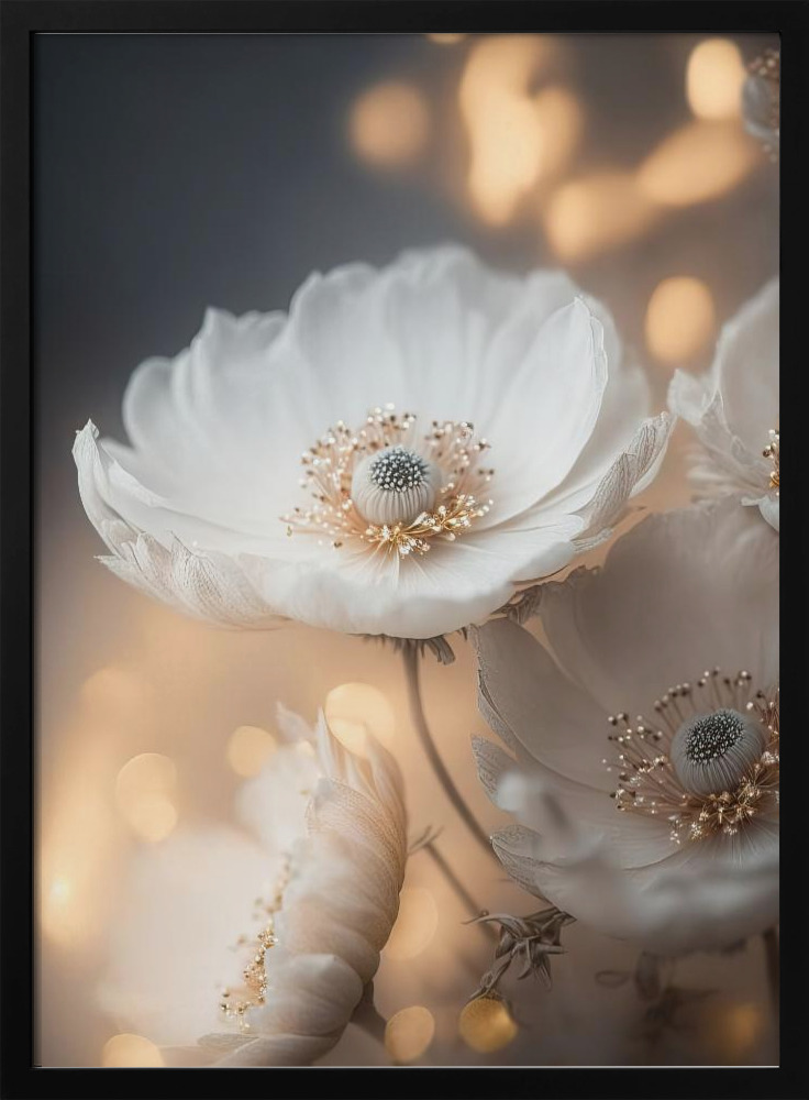 Poster - White And Golden Flowers dark wood poster frame