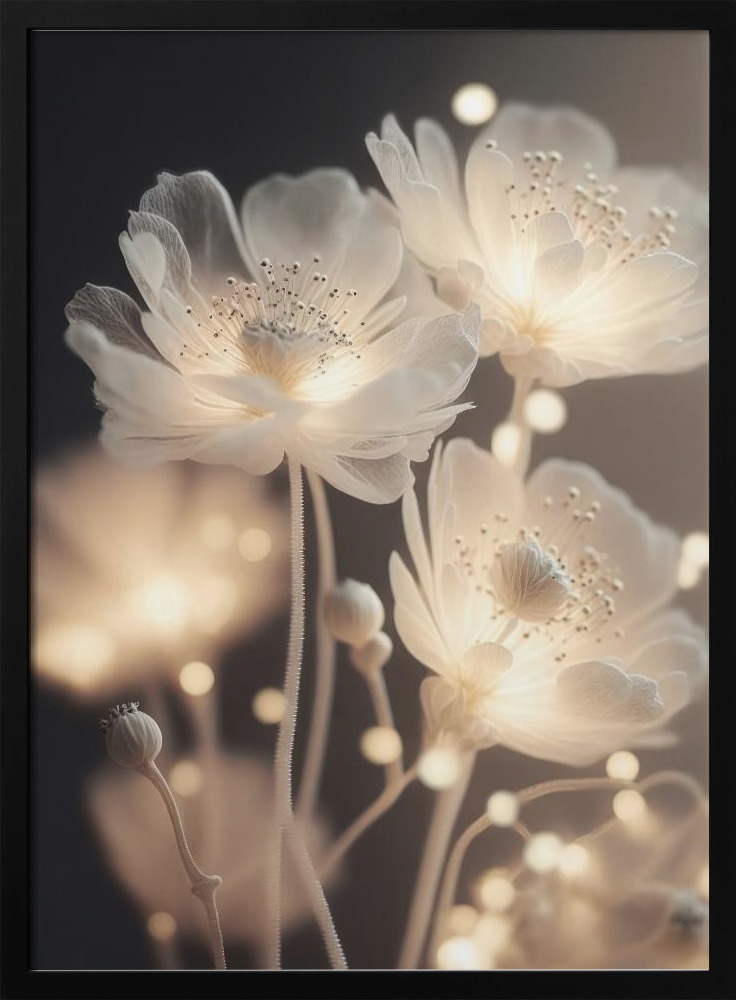 Poster - White Glowing Flowers dark wood poster frame