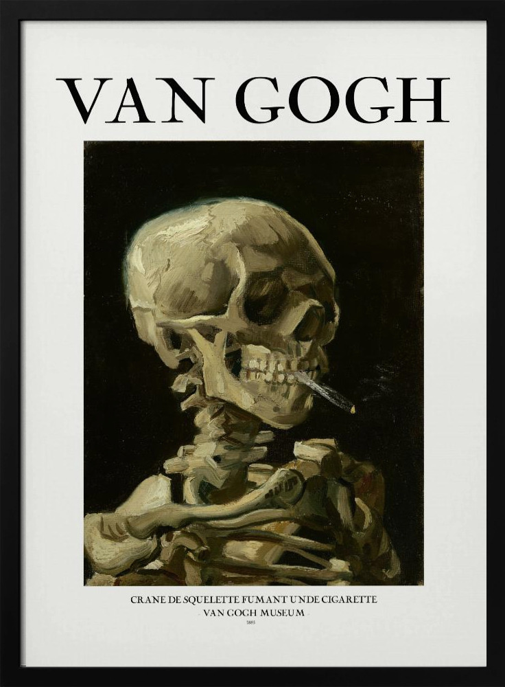 Poster - Head of a skeleton with a burning cigarette dark wood poster frame