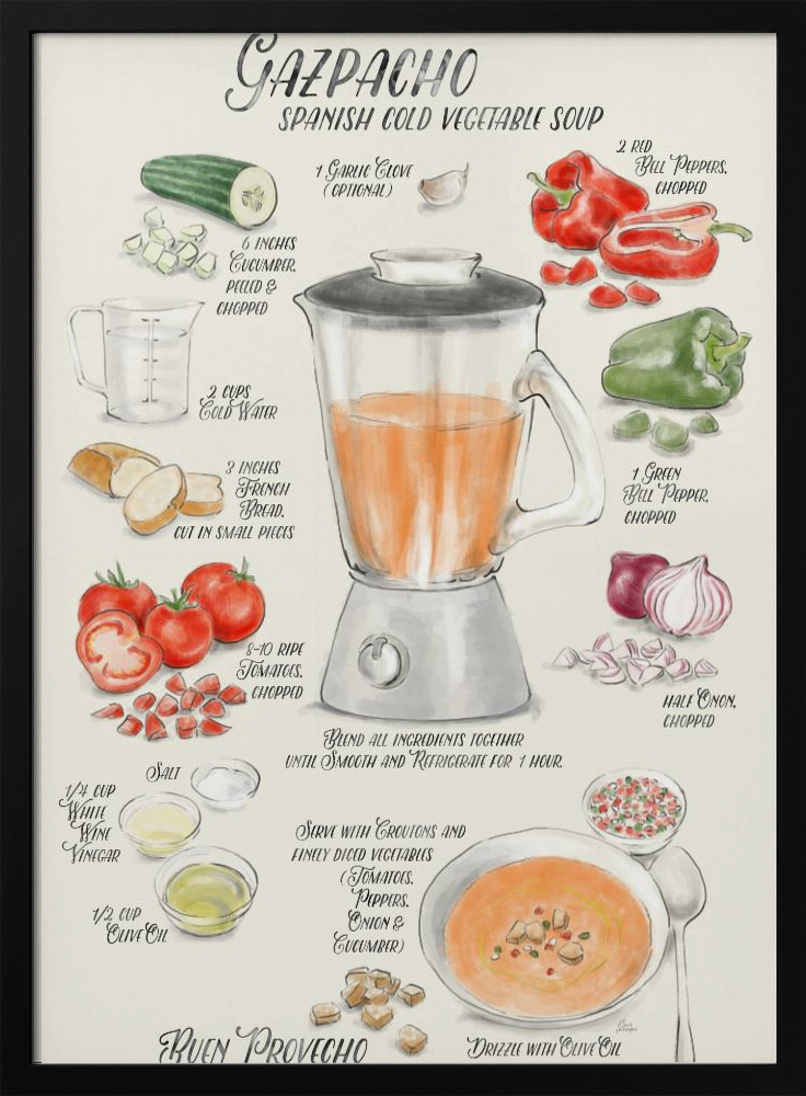 Plakat - Gazpacho illustrated recipe in English ramka na plakat z ciemnego drewna