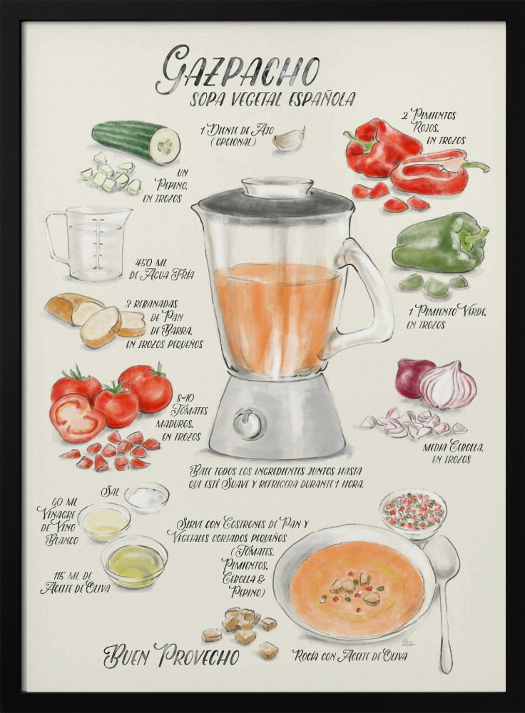 Plakat - Gazpacho illustrated recipe in Spanish ramka na plakat z ciemnego drewna