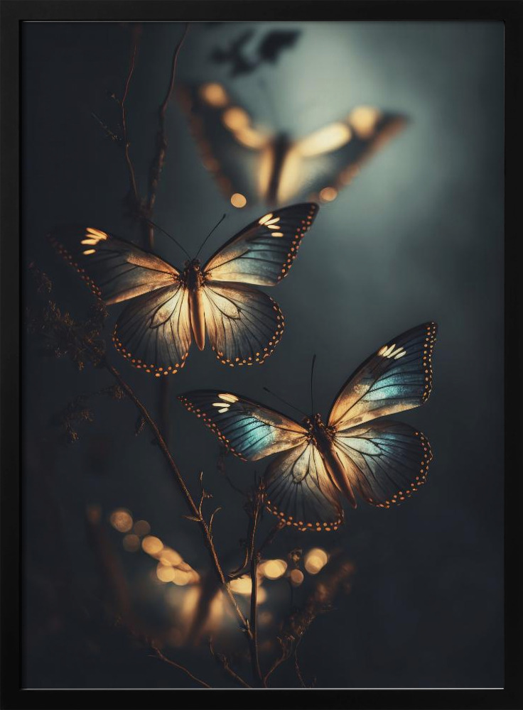 Poster - Glowing Butterflies dark wood poster frame