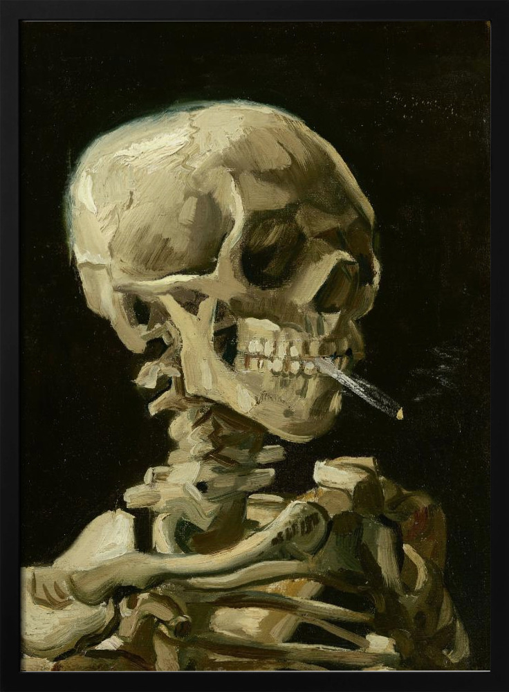 Poster - Head of a skeleton with a burning cigarette dark wood poster frame