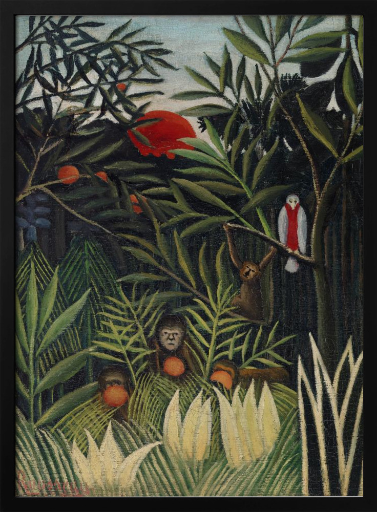 Póster - Monkeys And Parrot In The Virgin Forest dark wood poster frame