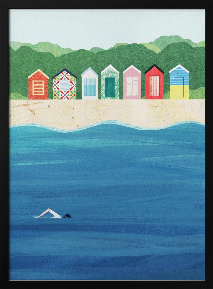 Poster - Beach Huts posterframe van donker hout