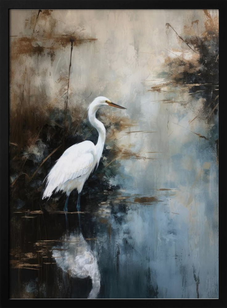 Poster - Egret in Lake dark wood poster frame