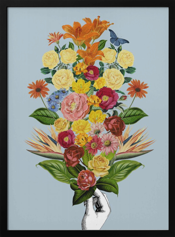Poster - Botanical blue bouquet dark wood poster frame
