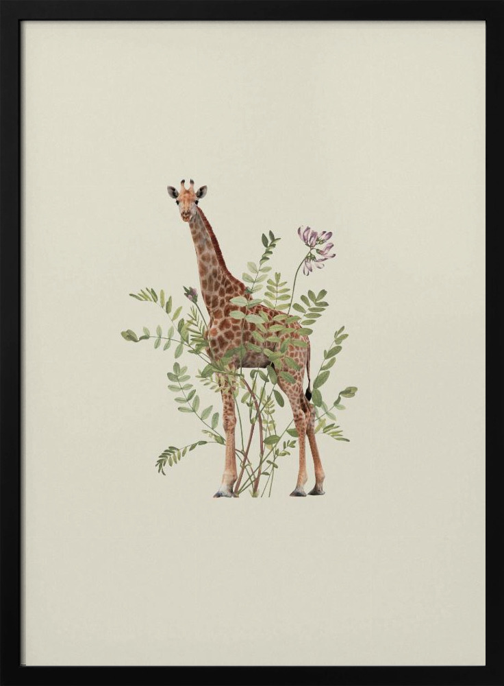 Poster - Floral giraffe dark wood poster frame