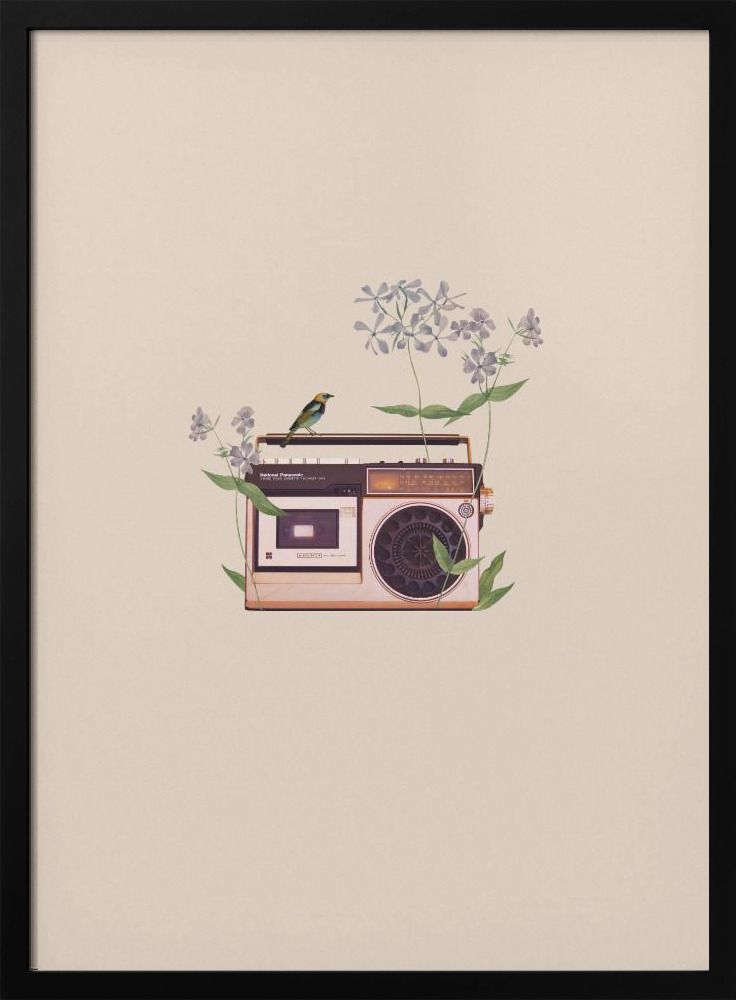Poster - Floral vintage radio posterframe van donker hout