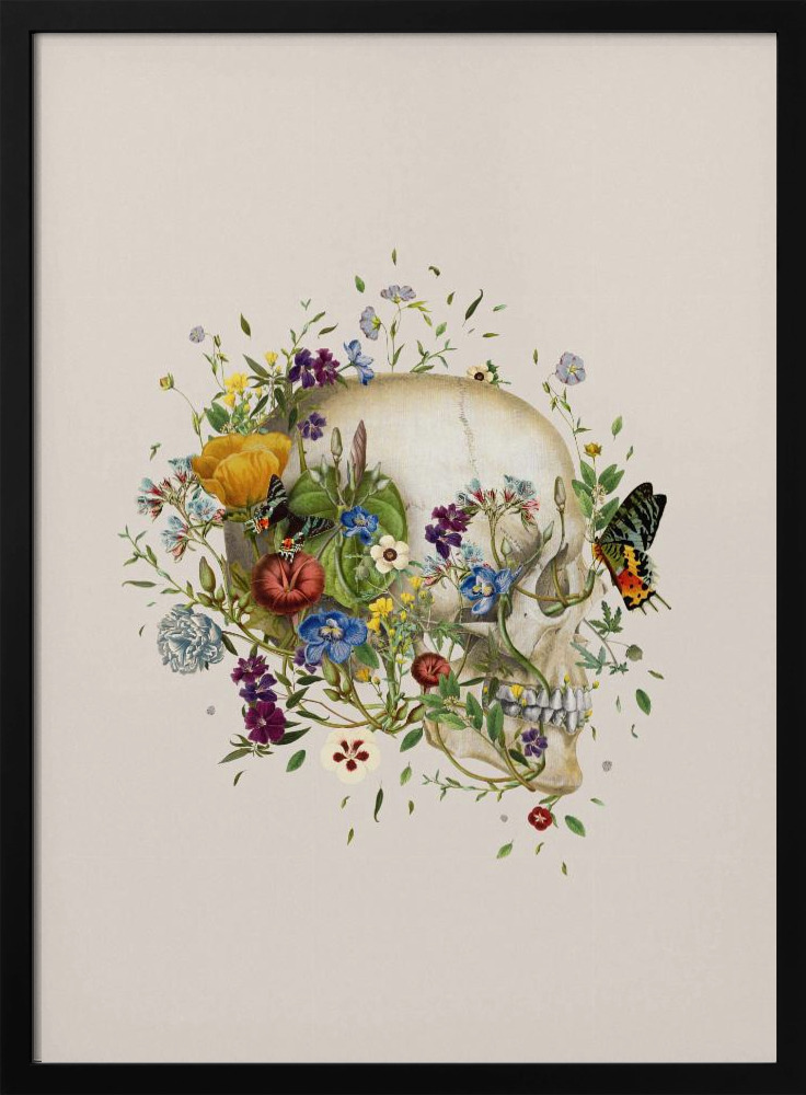 Poster - Floral skull dark wood poster frame