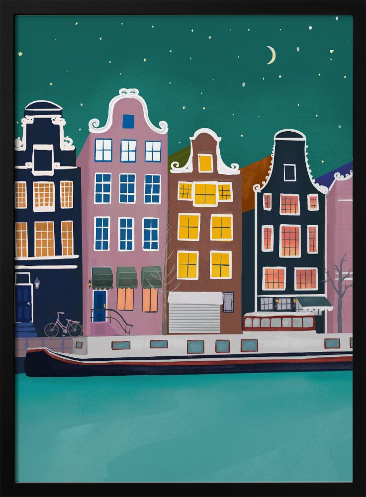 Plakat - Amsterdam by night dark wood poster frame