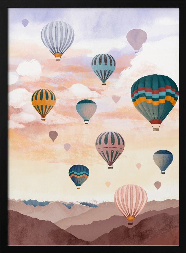 Plakat - Airballoon Sky dark wood poster frame