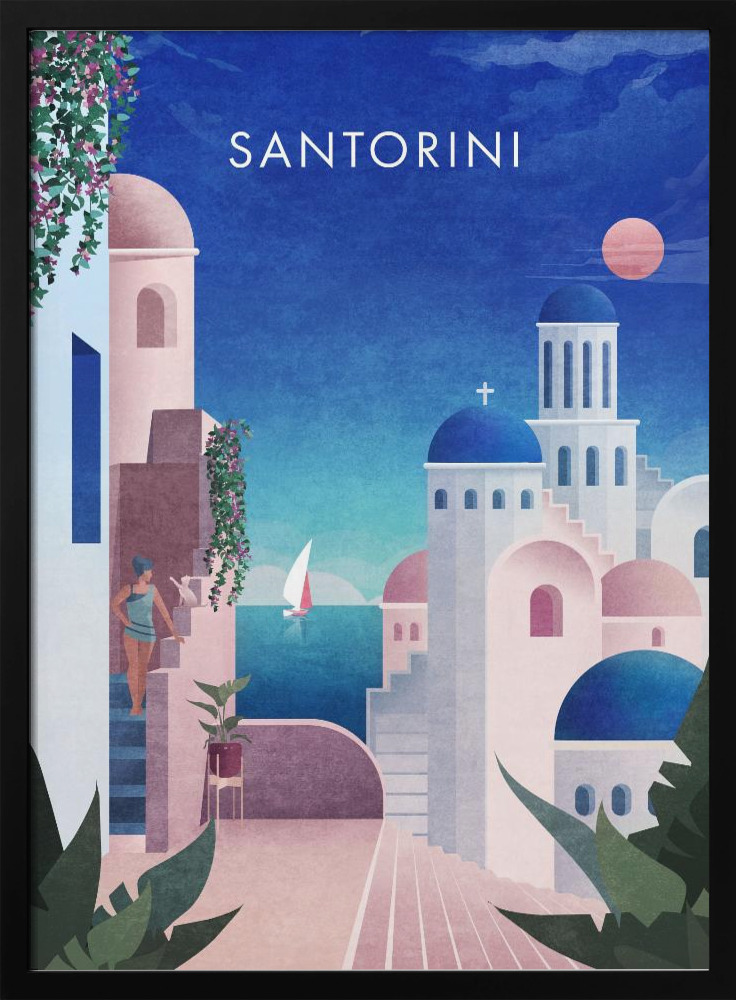 Poster Santorini IV - Affisch posterram i mörkt trä