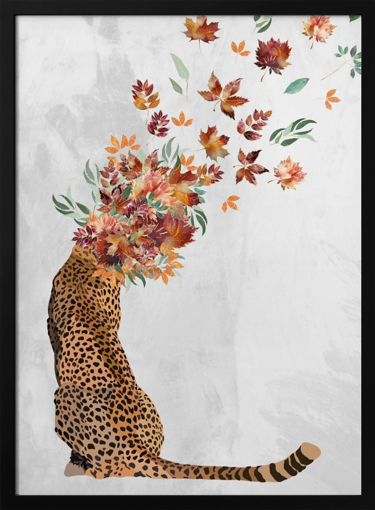 Poster - Cheetah Autumn Leaves Head dark wood poster frame