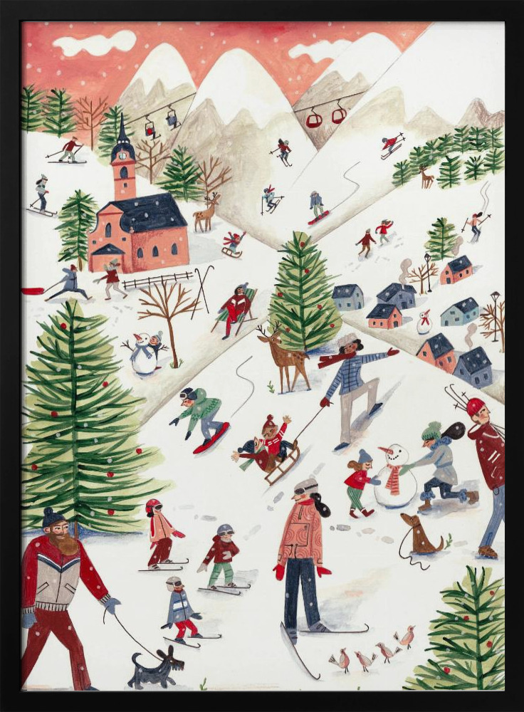 Poster - Mountain landscape with houses in the snow dark wood poster frame