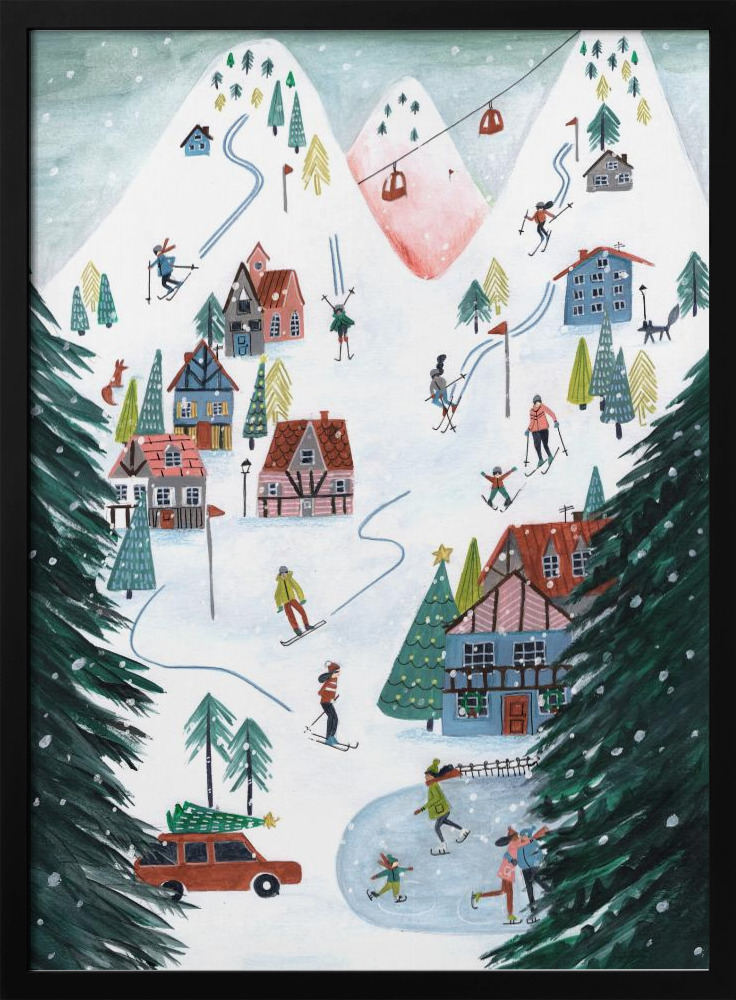 Poster - Nordic Skiing in the mountains at Christmas dark wood poster frame