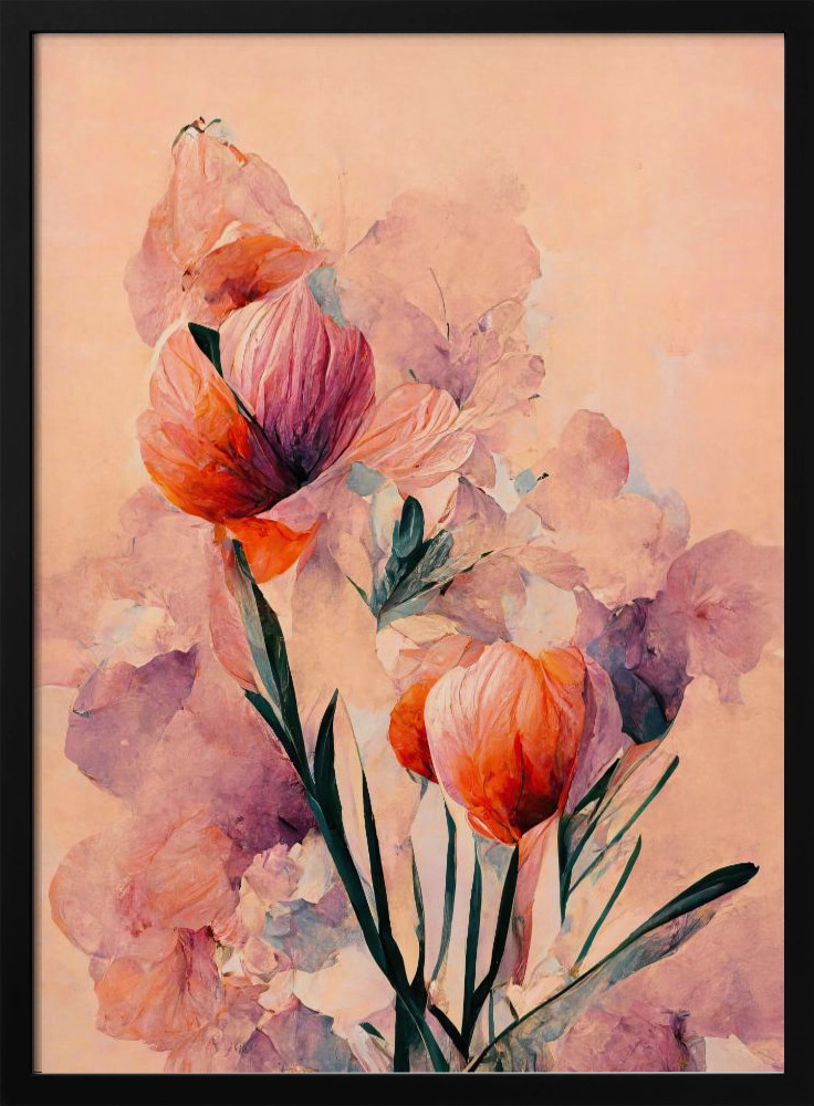 Affiche - Abstract Coral Flowers (Peach) cadre de poster en bois foncé
