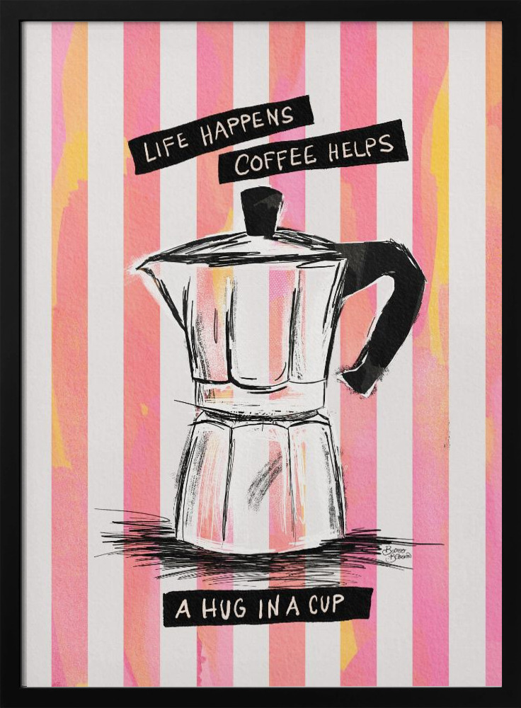 Poster - Mocca Coffee on Stripes - Hug in a Cup dark wood poster frame