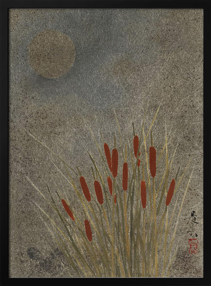 Poster - Japanese Grass Field At Night (1807–1891) Full dark wood poster frame