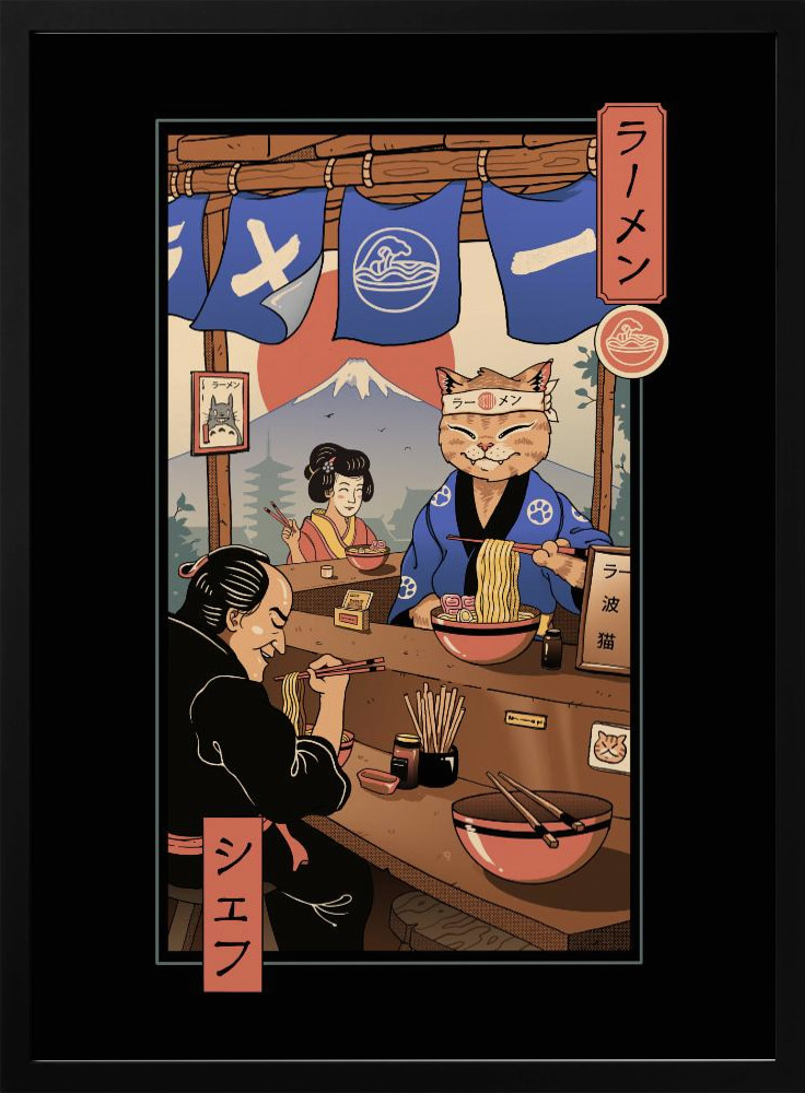 Poster - Ramen Meowster dark wood poster frame
