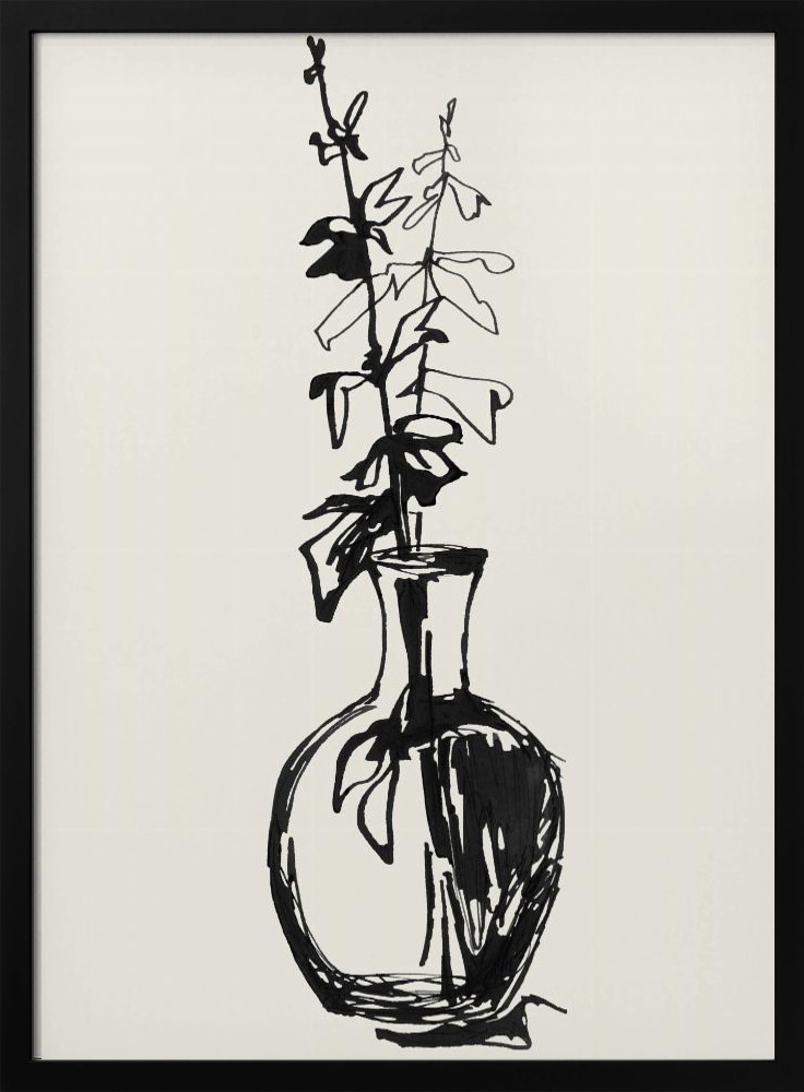 Poster - Leaves in a vase ink sketch dark wood poster frame