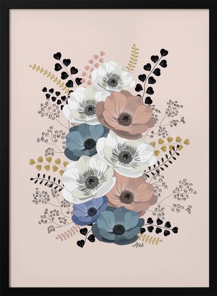 Poster - Anemones Floral Bouquet dark wood poster frame