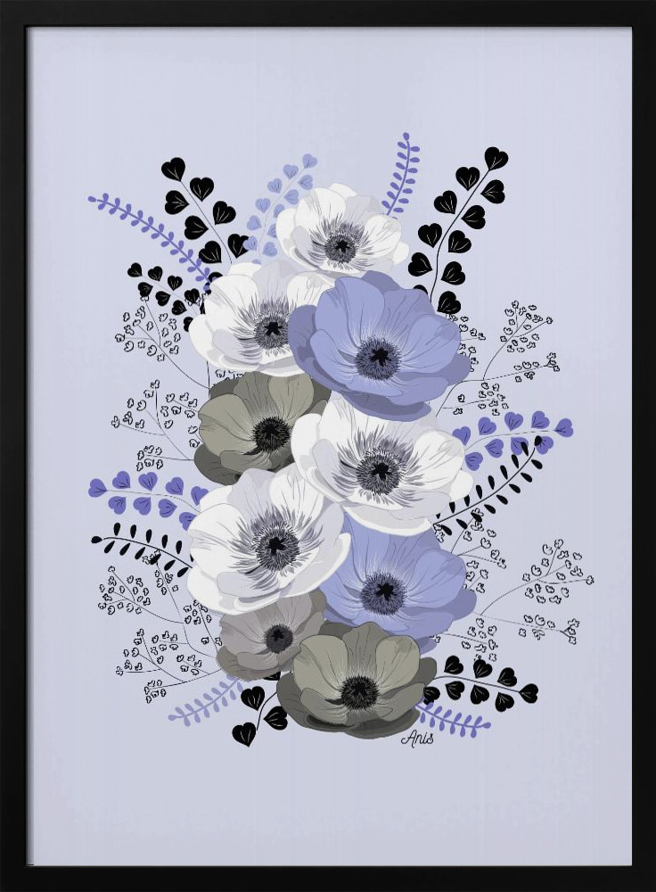 Poster - Anemones Floral Bouquet Blue dark wood poster frame