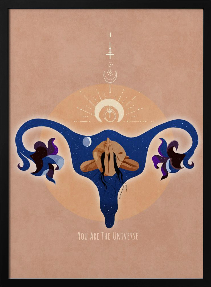 Poster - Spiritual, Feminine, Energy, Stars, Moon, Vulva, Meditation, Yoga, and Inspiration Poster Spir 1b posterframe van donker hout
