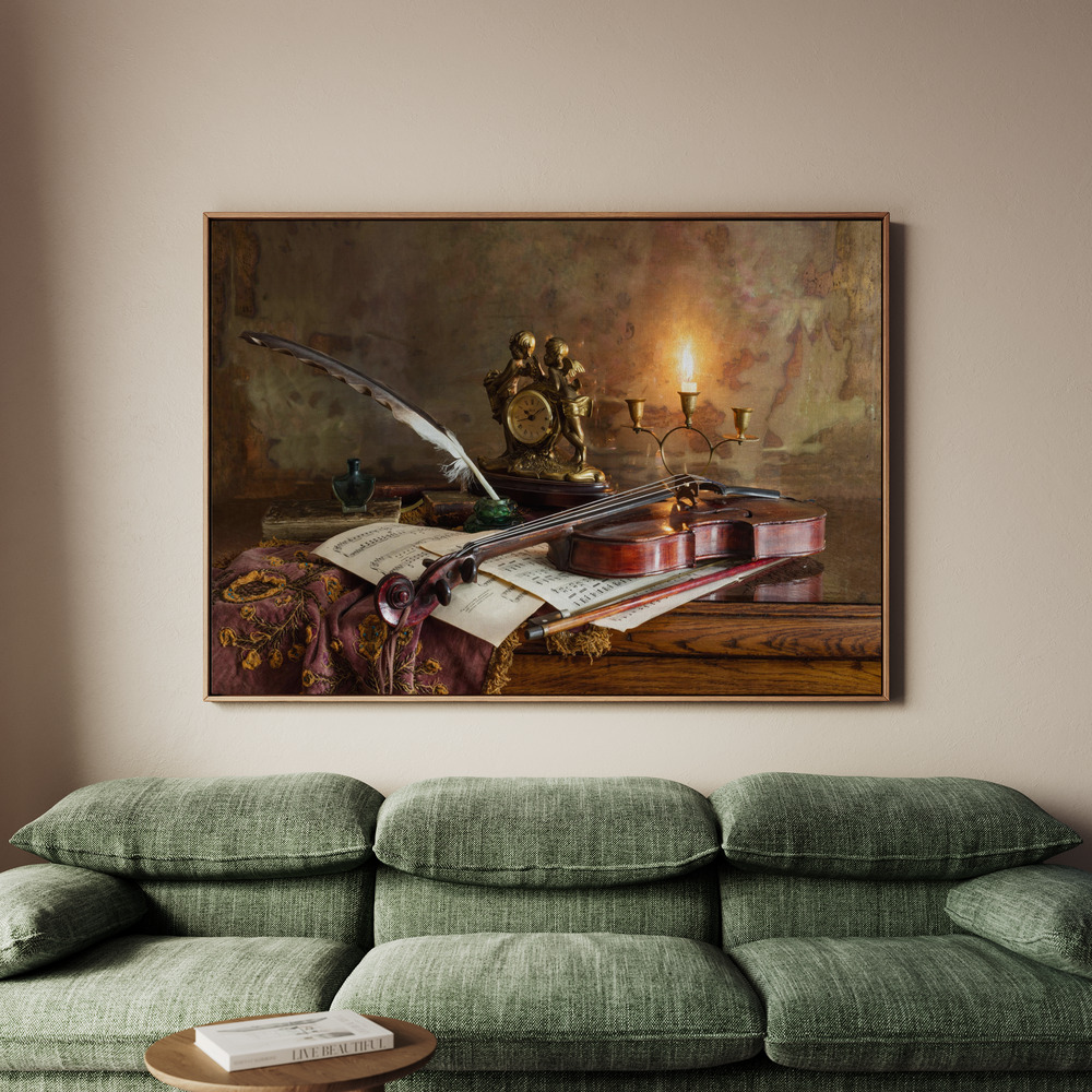 Canvastavla Still life with violin and clock - Tavla - 150x100