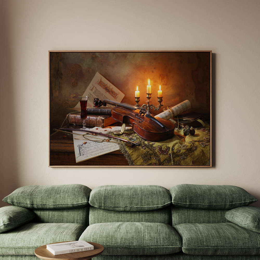 Canvastavla Still life with violin and candles - Tavla - 150x100