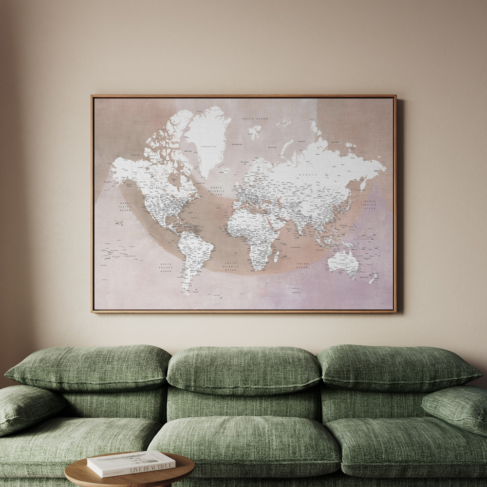 Canvastavla Detailed world map with cities Qawi - Tavla - 70x50