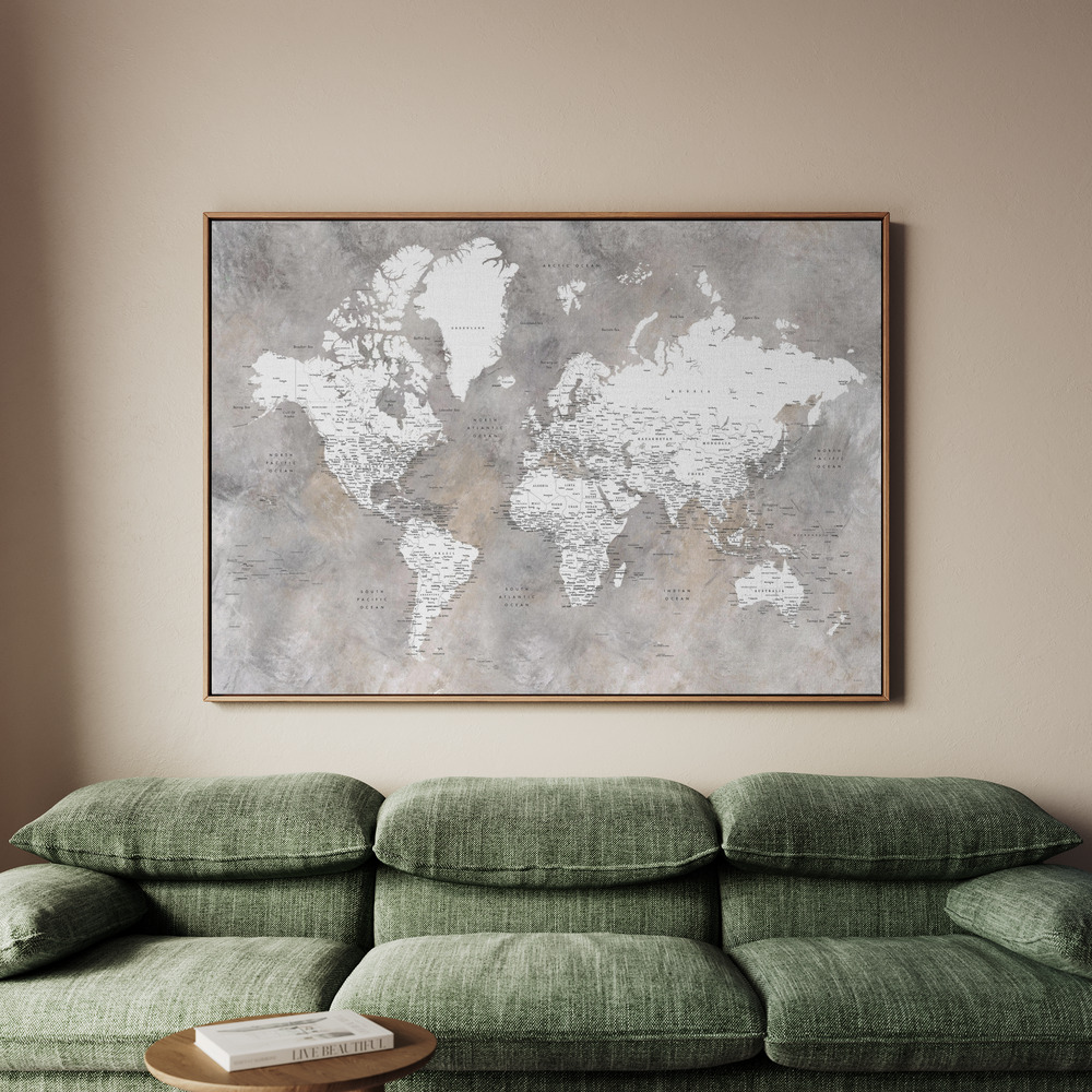 Canvastavla Detailed world map with cities Vali - Tavla - 70x50