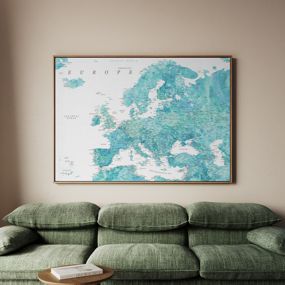 Canvastavla Aquamarine detailed map of Europe - Tavla - 100x70