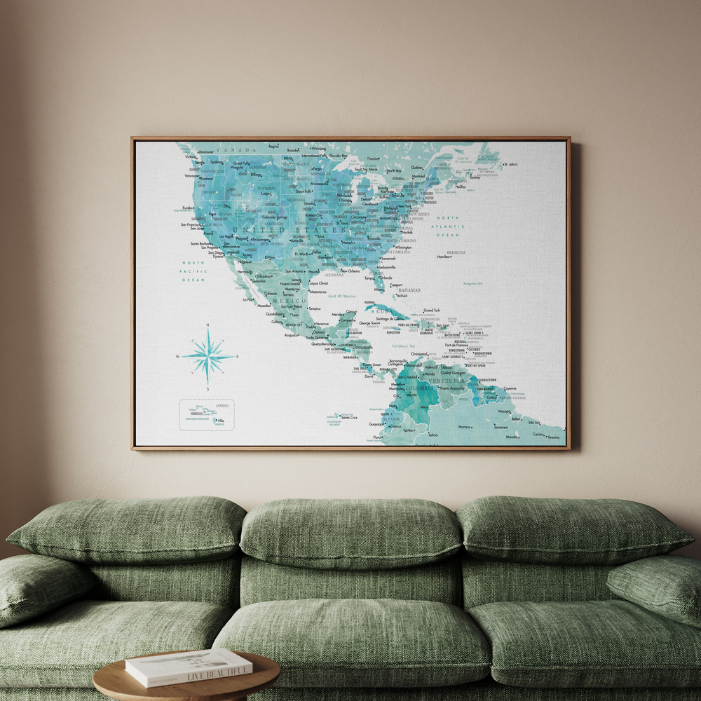 Canvastavla Aquamarine map of USA and Mexico - Tavla - 100x70