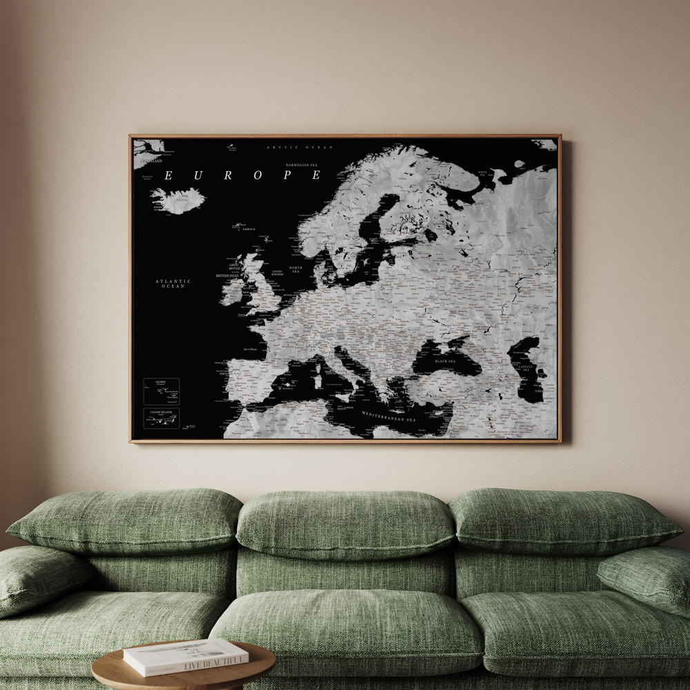 Canvastavla Black and grey detailed map of Europe - Tavla - 100x70