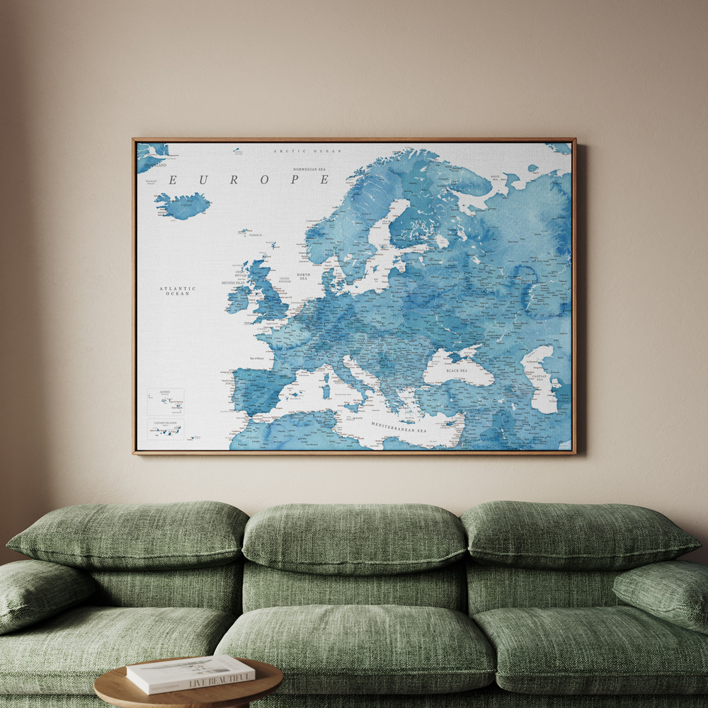 Canvastavla Blue detailed map of Europe - Tavla - 100x70