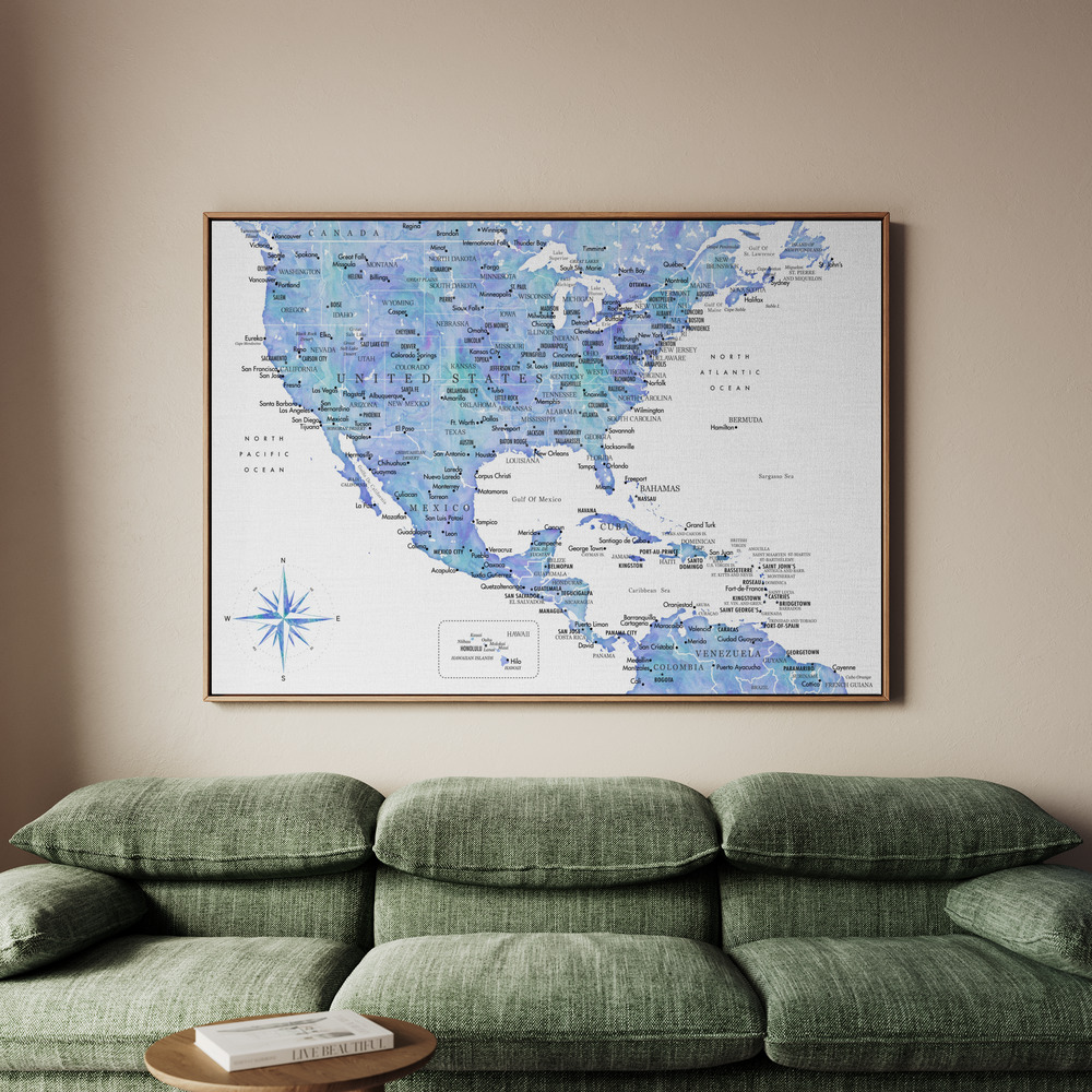 Canvastavla Blue map of USA and the Caribbean sea - Tavla - 100x70