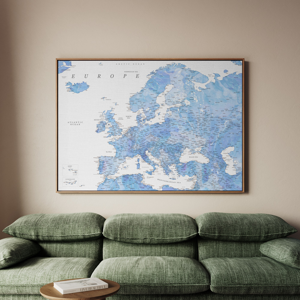 Canvastavla Light blue watercolor detailed map of Europe - Tavla - 100x70