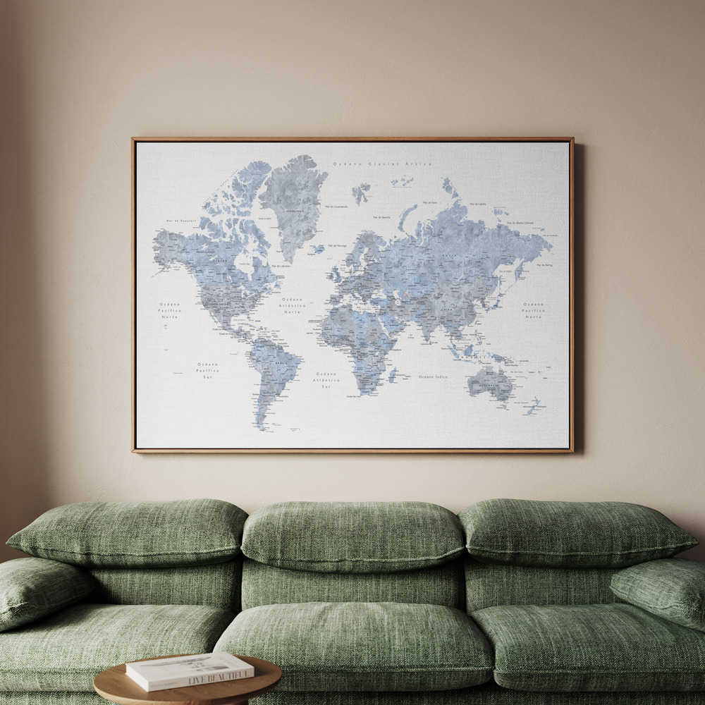 Canvastavla Blue world map in Spanish - Tavla - 100x70