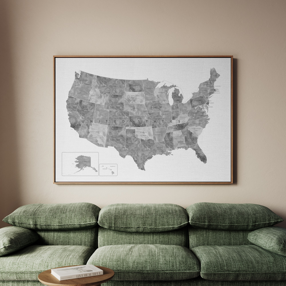 Canvastavla Gray watercolor map of the US - Tavla - 150x100