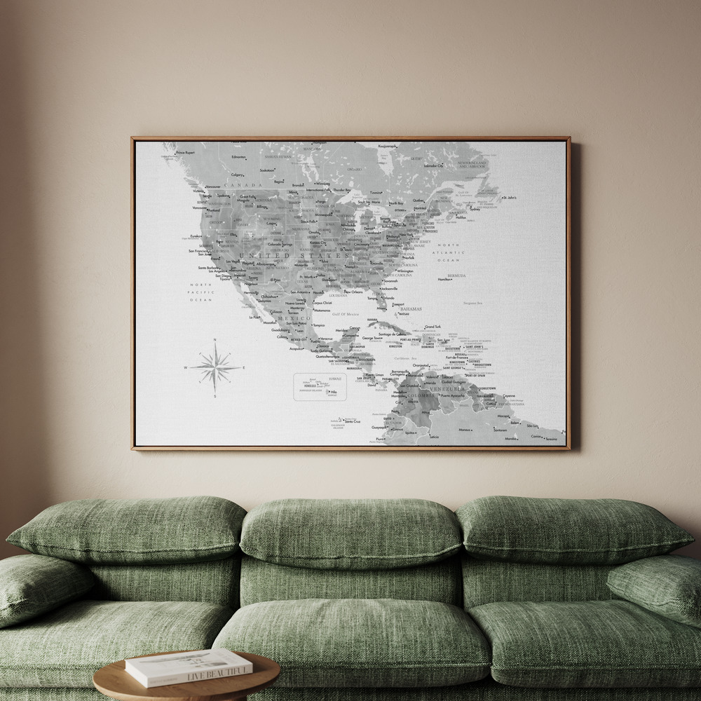 Canvastavla Gray map of USA and the Caribbean sea - Tavla - 150x100
