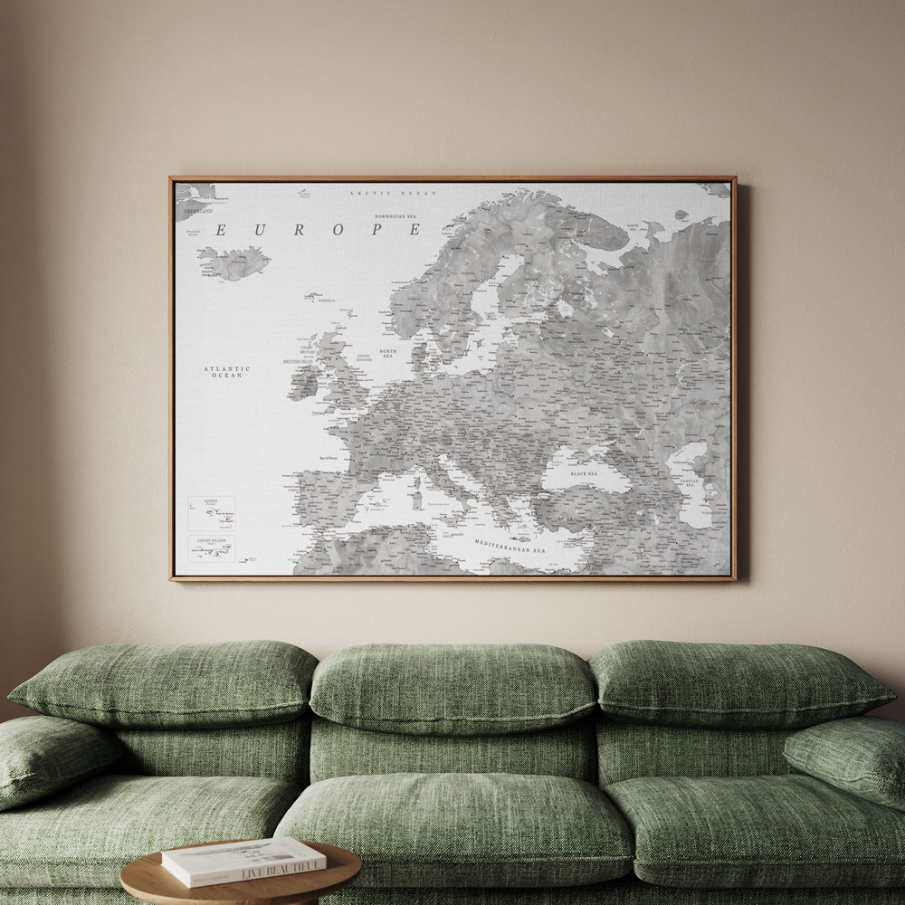 Canvastavla Gray watercolor Europe map - Tavla - 150x100