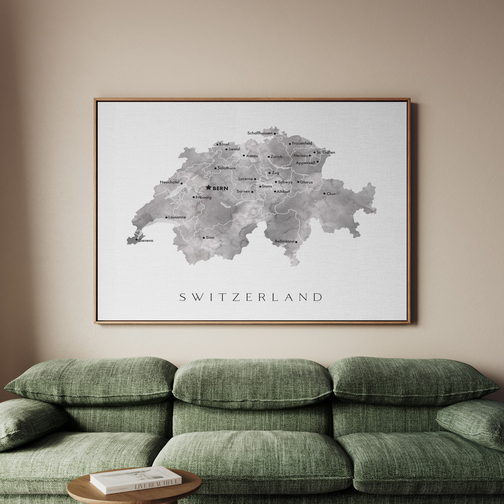 Canvastavla Gray watercolor map of Switzerland - Tavla - 150x100