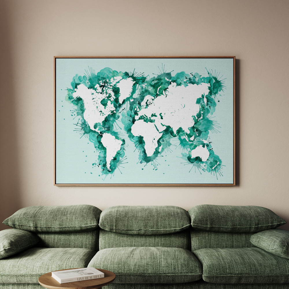 Canvastavla Teal strokes world map - Tavla - 100x70