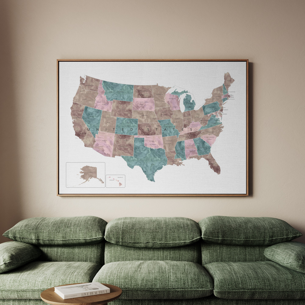 Canvastavla Pink and teal watercolor map of the US - Tavla - 150x100