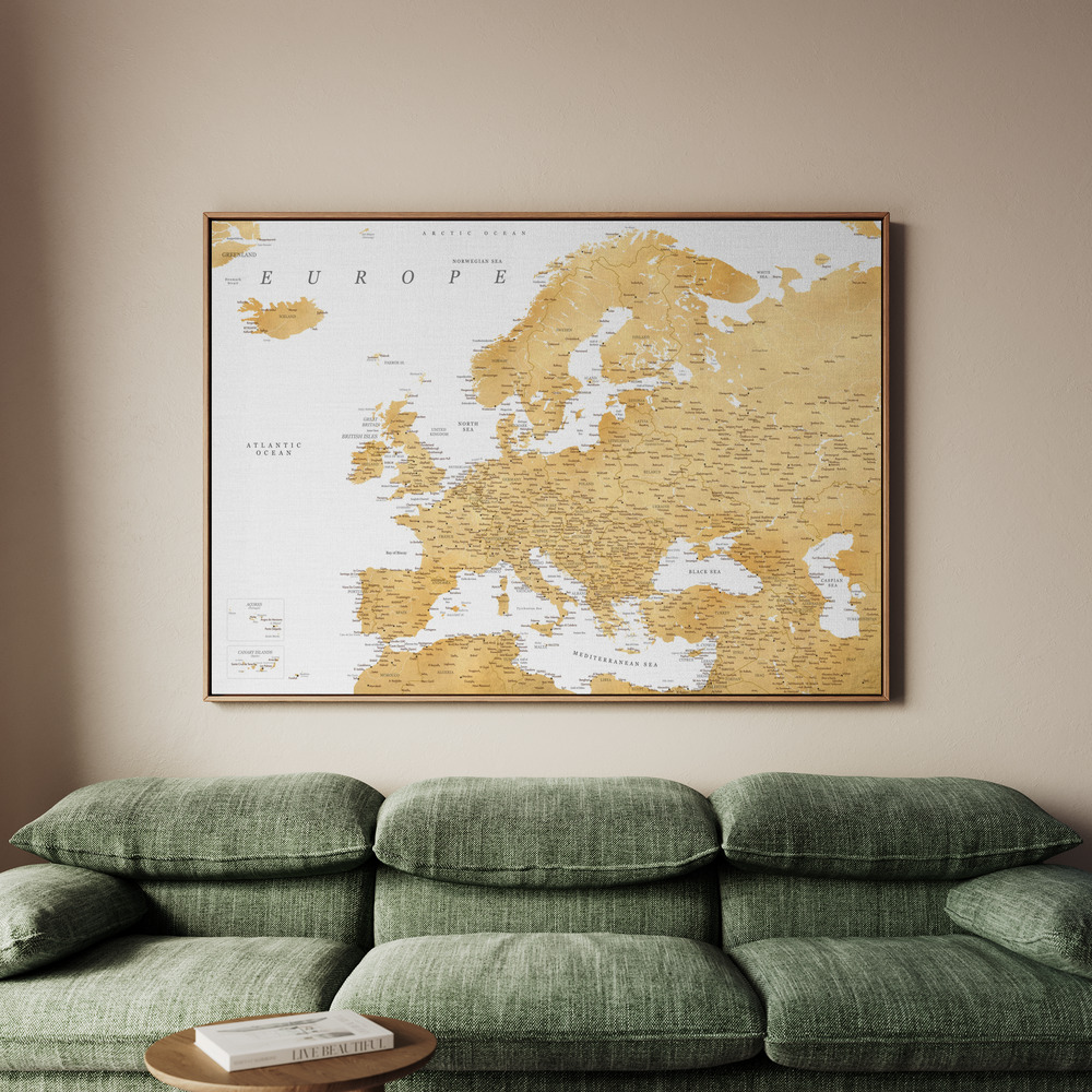 Canvastavla Golden detailed map of Europe - Tavla - 150x100