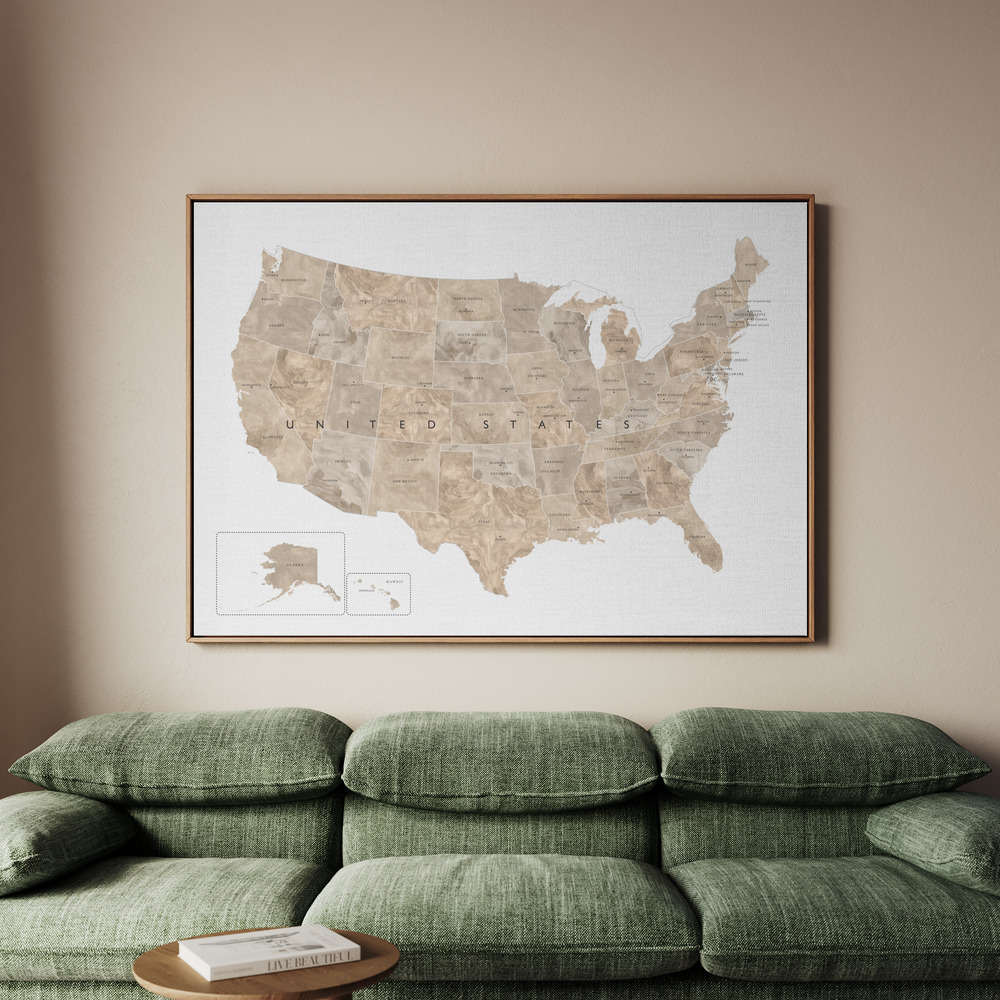 Canvastavla Taupe watercolor US map - Tavla - 100x70