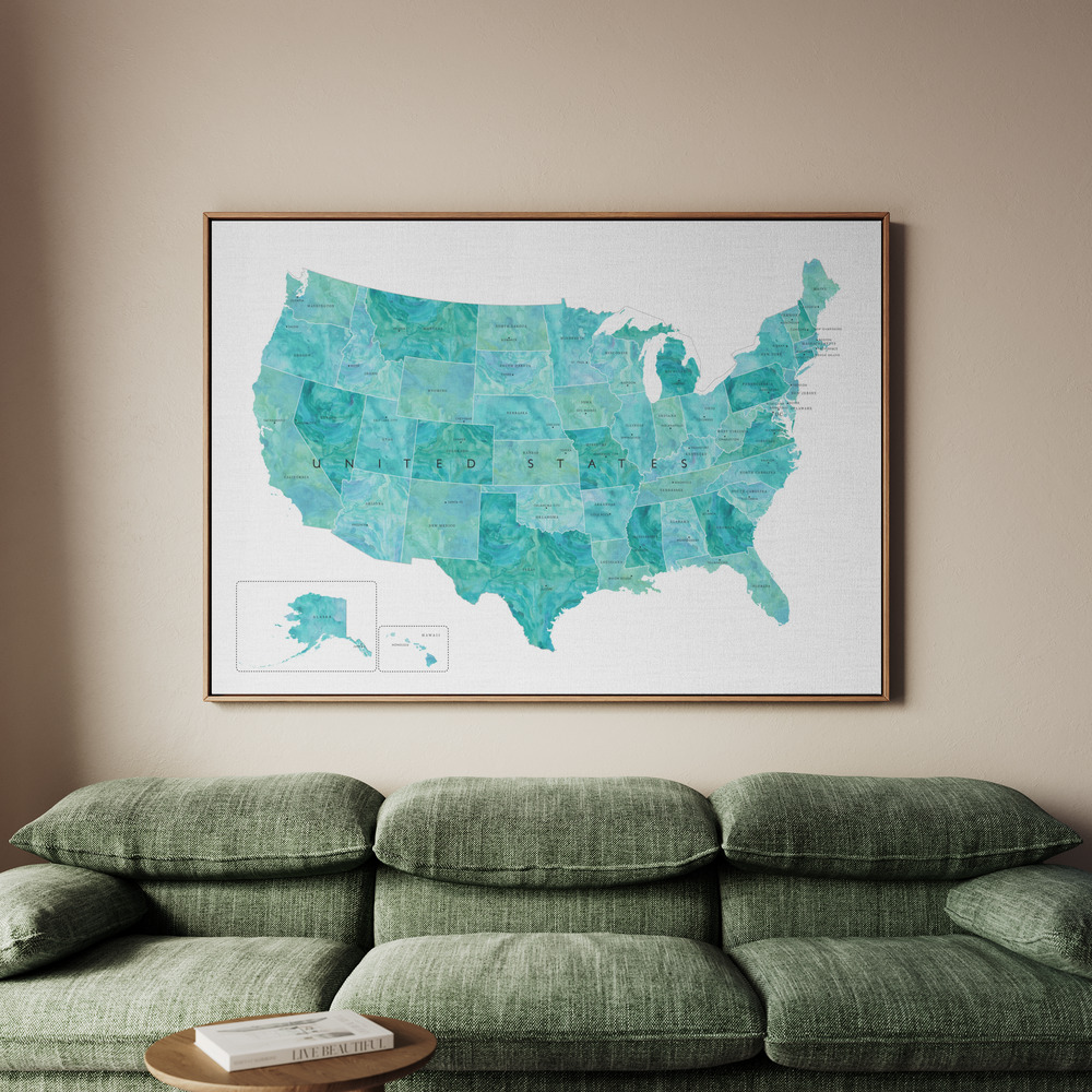 Canvastavla Aquamarine watercolor US map - Tavla - 100x70